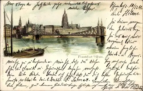 Litho Frankfurt am Main, Flusspartie, Brücke, Blick auf den Ort