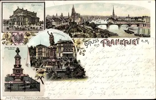 Litho Frankfurt am Main, Blick auf den Ort, Stoltze Denkmal, Schützenbrunnen, Opernhaus