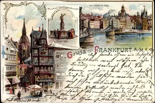 Litho Frankfurt am Main, Eingang zum Markt, Eiserner Steg, Gerechtigkeitsbrunnen