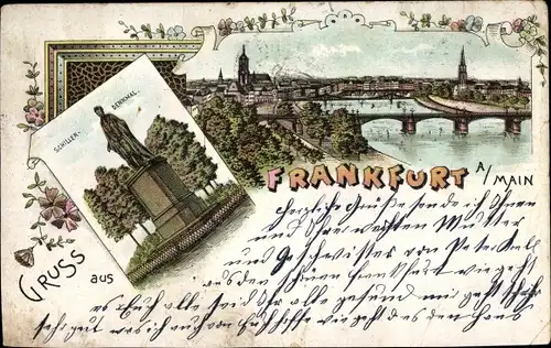 Litho Frankfurt am Main, Blick auf den Ort, Schillerdenkmal