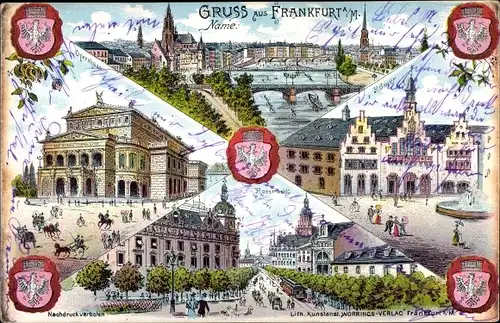 Wappen Litho Frankfurt am Main, Ortsansichten, Opernhaus, Römer, Rossmarkt