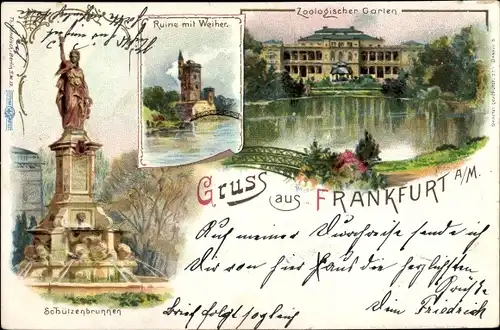 Litho Frankfurt am Main, Zoologischer Garten, Ruine mit Weiher, Schützenbrunnen