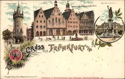 Wappen Litho Frankfurt am Main, Römer, Gerechtigkeitsbrunnen, Schützenbrunnen, Eschenheimer Turm