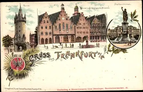 Wappen Litho Frankfurt am Main, Römer, Gerechtigkeitsbrunnen, Schützenbrunnen, Eschenheimer Turm