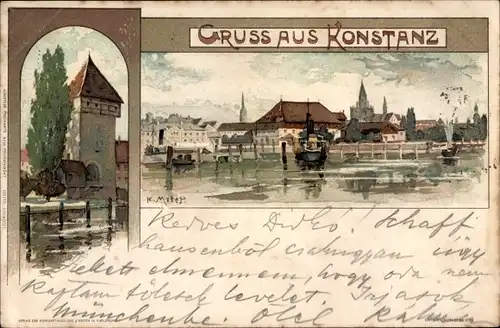 Künstler Litho Mutter, K., Konstanz am Bodensee, Stadtansicht, Turm