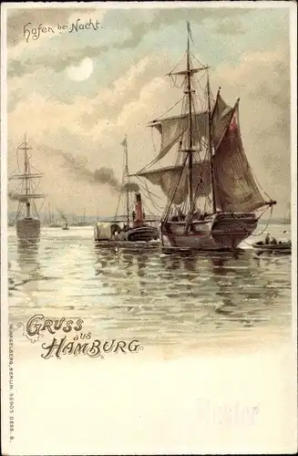 Mondschein Litho Hamburg, Hafen bei Nacht, Segelschiff