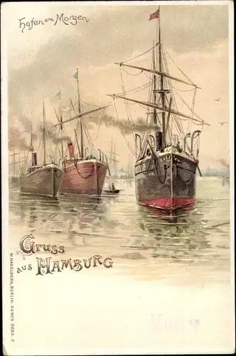 Litho Hamburg, Hafen am Morgen