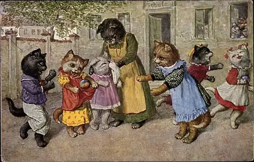 Künstler Ak Thiele, Arthur, Vermenschlichte Katzen, Schulpause, Schulklasse, Lehrerin, TSN 1326