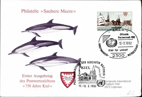 Ak Kiel, Philatelie Saubere Meere, Briefmarkenwerbeschau, Briefmarke 750 Jahre Kiel, Ersttag 1992