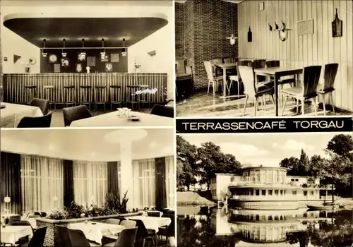 Ak Torgau an der Elbe, Terrassencafé, Aussen- und Innenansicht