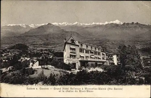 Ak Salève Haute Savoie, Grand Hotel Bellevue a Monnetier-Mairie et la chaine du Mont Blanc