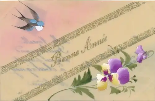 Zelluloid Ak Glückwunsch Neujahr, Schwalbe, Stiefmütterchen