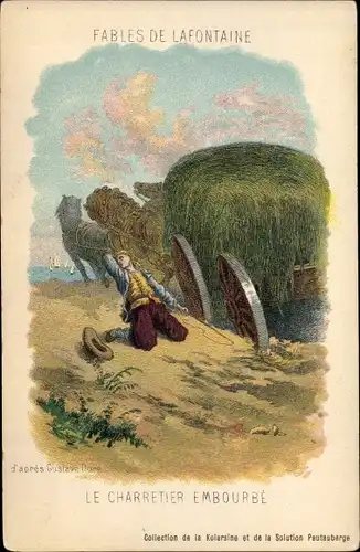 Künstler Ak Fables de Lafontaine, Gustave Doré, Le Chartier embourbé, Heuwagen