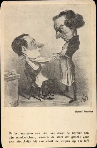 Künstler Ak Daumier, Honoré, Mann beim Barbier, bij het aanzetten van zijn mes denkt de barbier ...