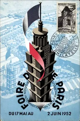 Ak Foire de Paris, 1952, Exposition National Philatelique, Hochhaus mit französischer Fahne