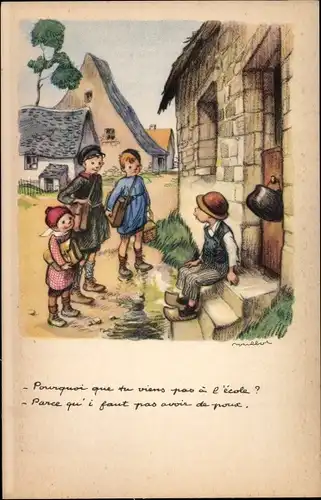 Künstler Ak Poulbot, Ligue Nationale contre le Taudis, Kinder auf dem Weg zur Schule