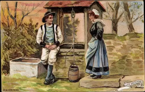 Künstler Ak La Vie Bretonne, Mädchen und sein Verehrer am Brunnen, A la Fontaine
