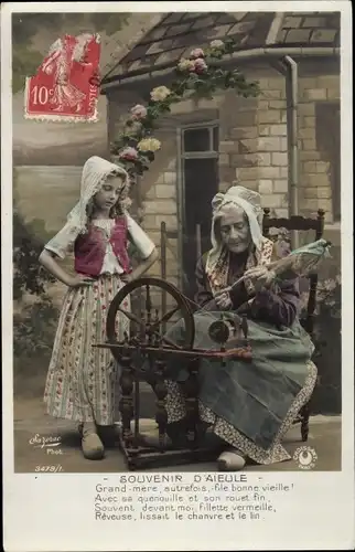 Ak Junges Mädchen und seine Oma beim Spinnen, Spinnrad