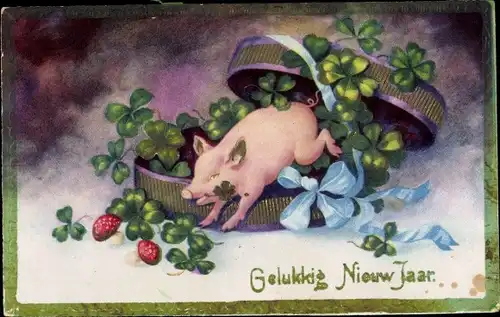 Ak Glückwunsch Neujahr, Schwein, Kleeblätter
