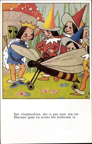 Künstler Ak Zwerge zeigen ihren König eine Erfindung, Wespen-Flugzeug