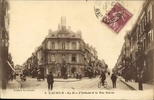 Ak Saumur Maine et Loire, La Rue d'Orleans et la Rue Balzac