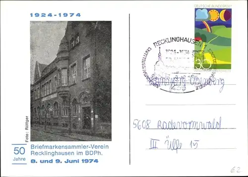 Ak Recklinghausen im Ruhrgebiet,  Briefmarkensammler-Verein, Ausstellung, 1924-1974