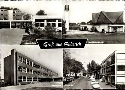 Ak Büderich Meerbusch, Hauptschule, Bethlehemskirche, Realschule, Dorfstraße