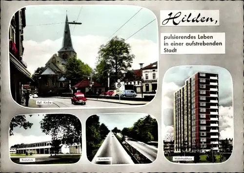 Ak Hilden Nordrhein Westfalen, Ref. Kirche, Realschle, Autobahn, Wohnhochhaus