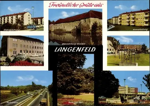 Ak Langenfeld im Rheinland, Wasserburg Graven, Berliner Platz, Post, Autobahn, Volksgarten