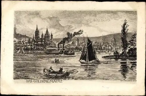 Künstler Ak Mainz am Rhein, Stadtansicht, Rheinpartie