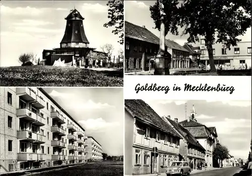 Ak Goldberg in Mecklenburg, Straßenpartie, Mühle, Denkmal, Wohnblöcke