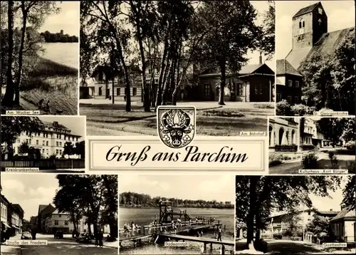 Wappen Ak Parchim in Mecklenburg, Kirche, Kreiskrankenhaus, Freibad, Am Bahnhof, Kulturhaus, See