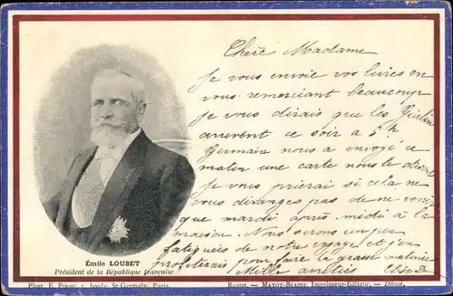 Ak Emile Loubet, President de la Republique Francaise, Portrait, Französische Fahne