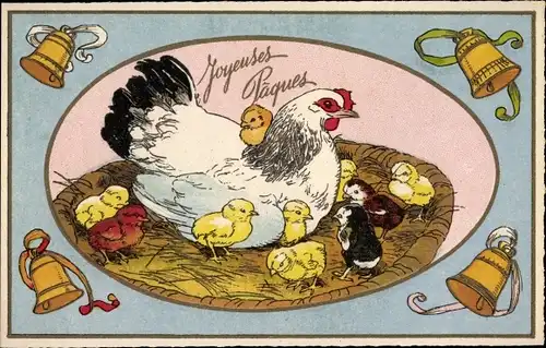 Ak Glückwunsch Ostern, Henne mit Küken im Nest, Glocken