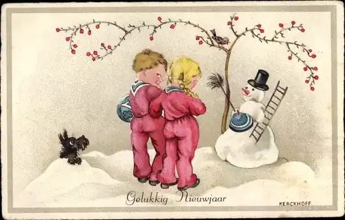 Ak Glückwunsch Neujahr, Kinder, Schneemann und ein Hund