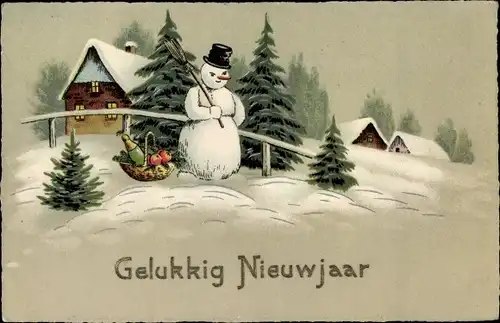 Ak Glückwunsch Neujahr, Schneemann am Zaun, Korb mit Sekt und Früchten