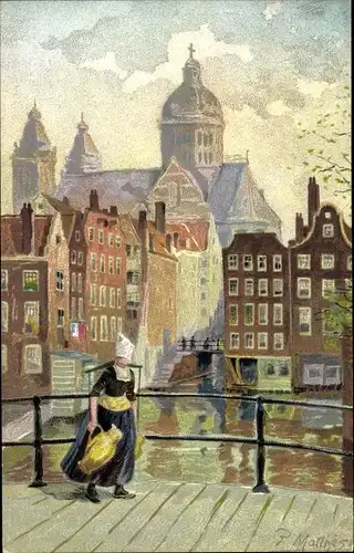 Künstler Ak Matthes, P., Amsterdam, Basilika St. Nikolaus, Frau in Tracht mit Wasserkanne