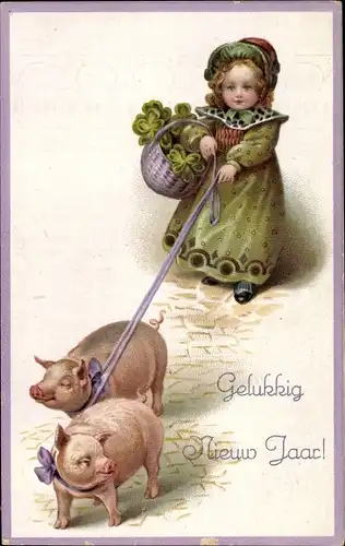 Ak Glückwunsch Neujahr, Mädchen und zwei Schweinchen an der Leine