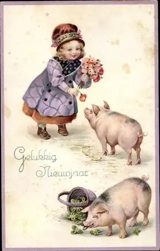 Ak Glückwunsch Neujahr, Mädchen füttert Schweinchen
