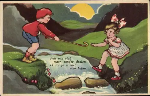 Künstler Ak Kinder am Fluss, Pak m'n stok maar zonder dralen..., Amag 0379