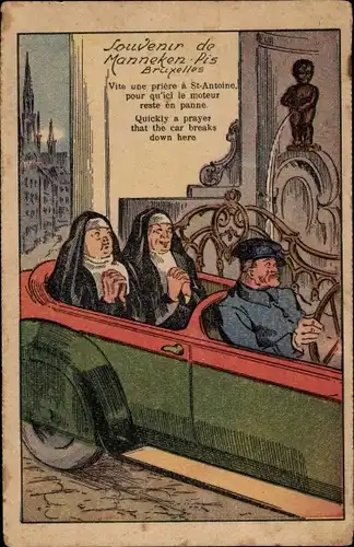 Künstler Ak Bruxelles Brüssel, Nonnen fahren im Auto am Manneken Pis vorbei
