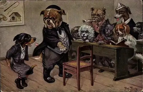 Künstler Ak Thiele, Arthur, Vermenschlichte Hunde in der Schule, Bulldogge, Dackel
