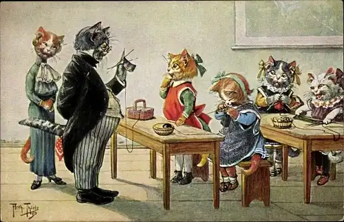 Künstler Ak Thiele, Arthur, Vermenschlichte Katzen in der Schule, Handarbeitsunterricht, Stricken