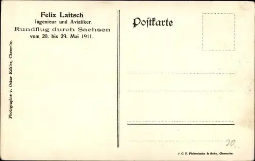 Ak Felix Laitsch, Ingenieur und Aviatiker, Rundflug durch Sachsen 1911, Doppeldecker