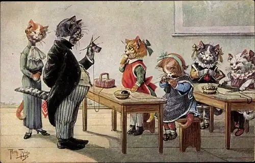 Künstler Ak Thiele, Arthur, Vermenschlichte Katzen in der Schule beim Stricken