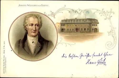 Litho Weimar in Thüringen, Schriftsteller Johann Wolfgang von Goethe, Portrait, Goethehaus