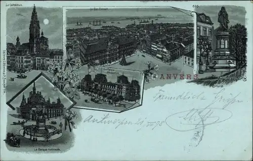Mondschein Litho Antwerpen Anvers Flandern, Cathedrale, Banque nationale, Palais de Justice
