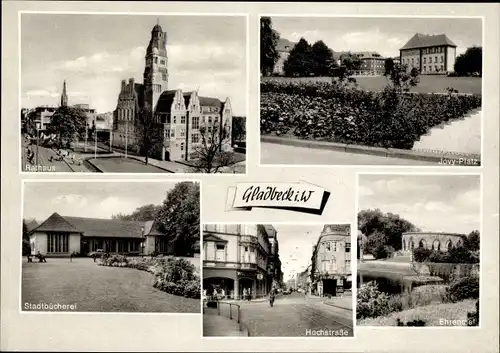 Ak Gladbeck im Ruhrgebiet, Rathaus, Jovy Platz, Ehrenmal, Stadtbücherei, Hochstraße