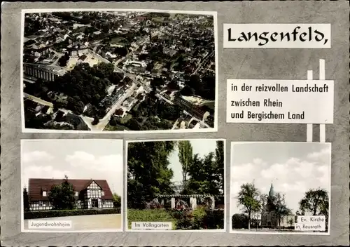 Ak Langenfeld im Rheinland, Luftbild vom Ort, Jugendwohnheim, Volksgarten, Kirche in Reusrath