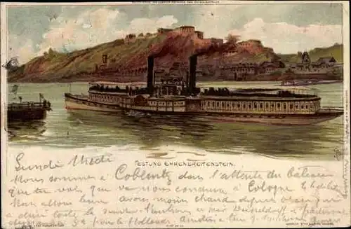 Künstler Litho Biese, C., Ehrenbreitstein Koblenz, Festung Ehrenbreitstein, Dampfer